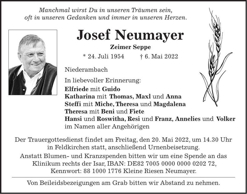 Traueranzeige Josef Neumayer