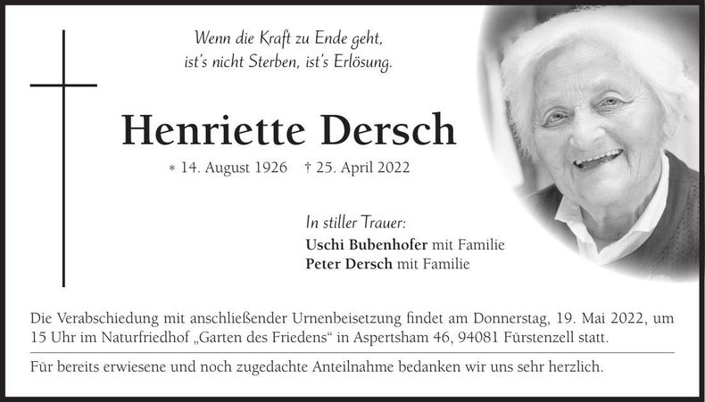 Traueranzeige Henriette Dersch