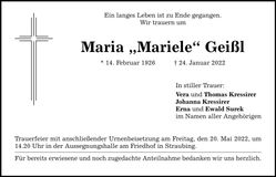 Traueranzeige Maria Geißl