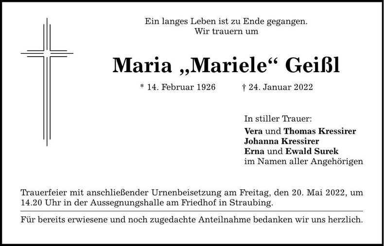 Traueranzeige Maria Geißl