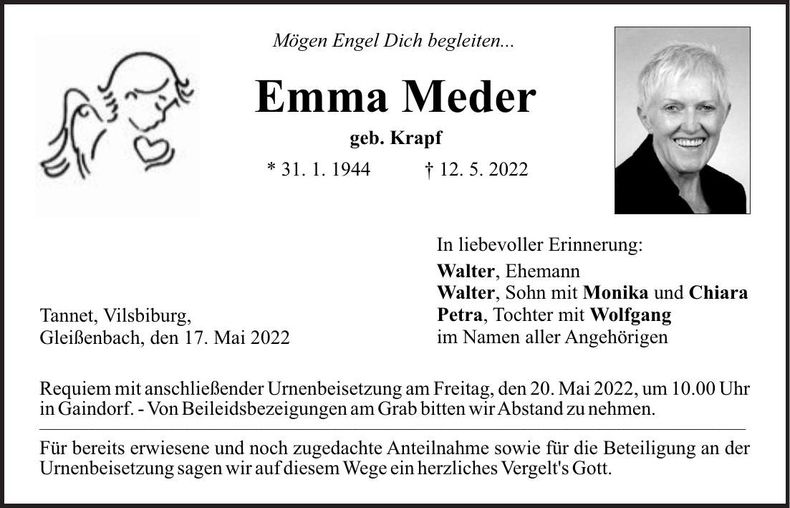 Traueranzeige Emma Meder