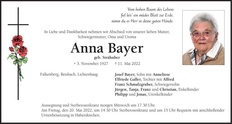 Traueranzeige Anna Bayer