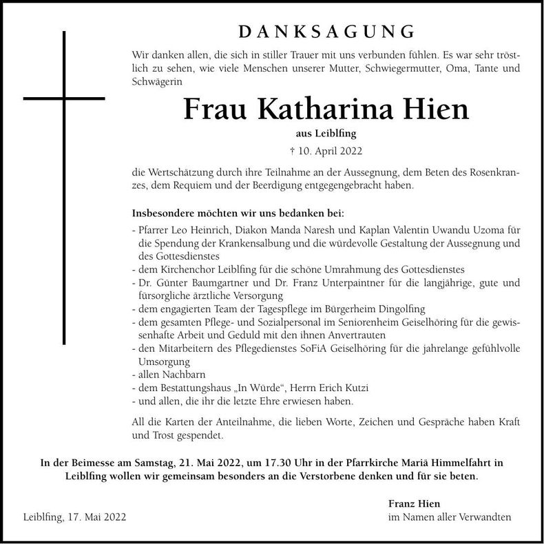 Traueranzeige Katharina Hien