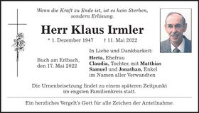 Traueranzeige Klaus Irmler