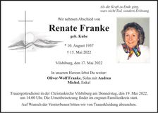 Traueranzeige Renate Franke