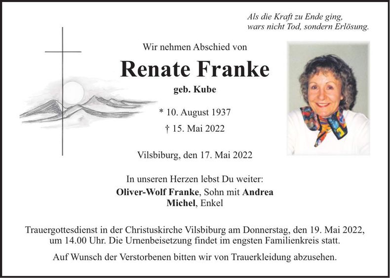 Traueranzeige Renate Franke