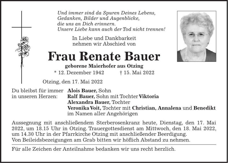 Traueranzeige Renate Bauer