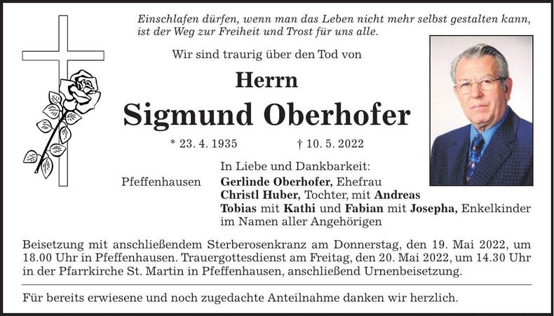 Traueranzeige Sigmund Oberhofer