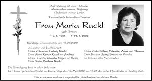 Traueranzeige Maria Rackl