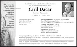 Traueranzeige Ciril Dacar