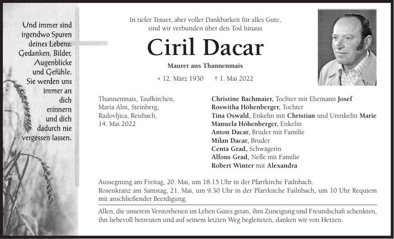 Traueranzeige Ciril Dacar
