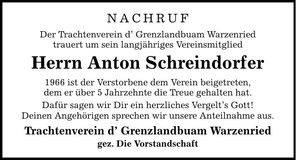 Traueranzeige Anton Schreindorfer