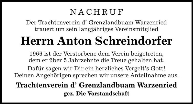 Traueranzeige Anton Schreindorfer