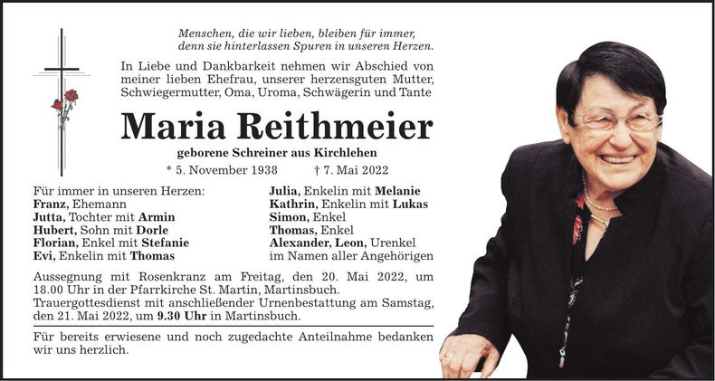 Traueranzeige Maria Reithmeier