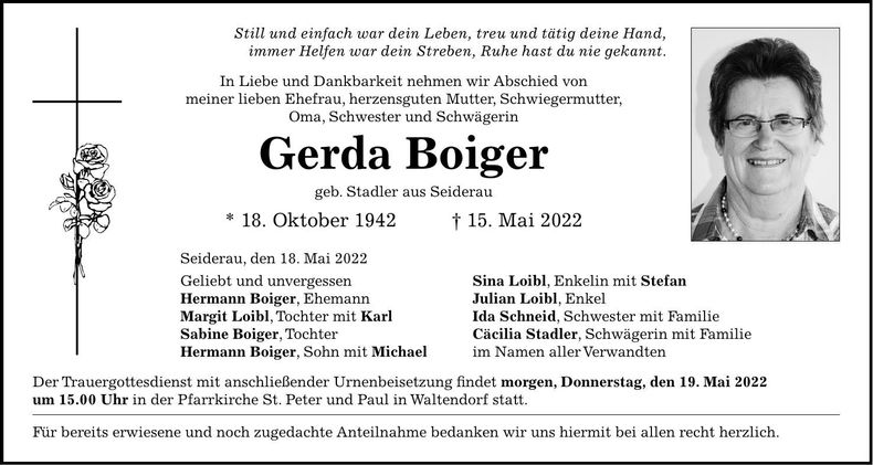 Traueranzeige Gerda Boiger