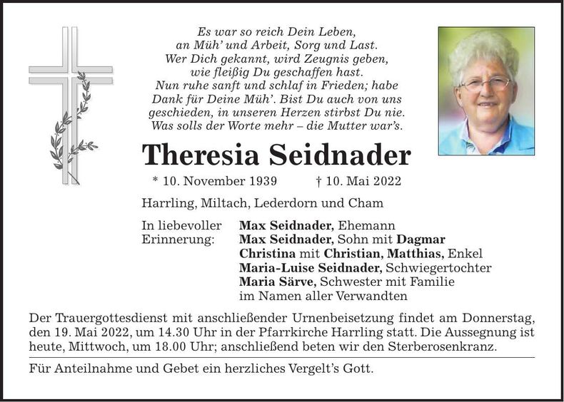 Traueranzeige Theresia Seidnader