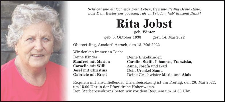 Traueranzeige Rita Jobst