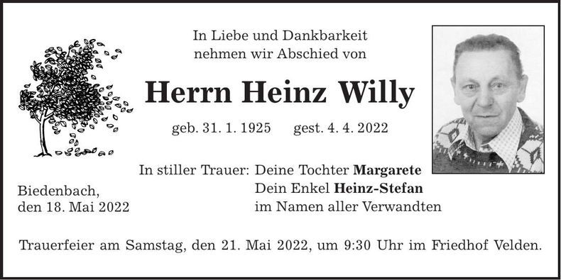 Traueranzeige Heinz Willy