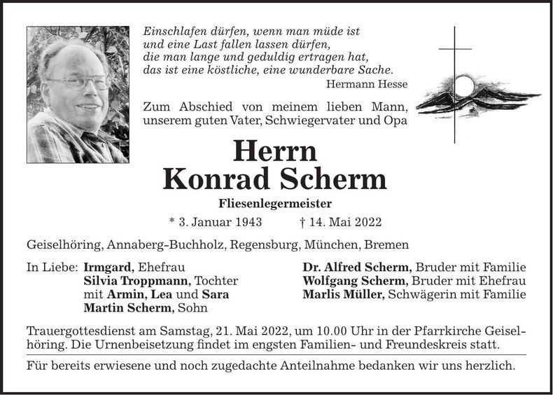Traueranzeige Konrad Scherm