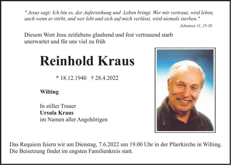 Traueranzeige Reinhold Kraus