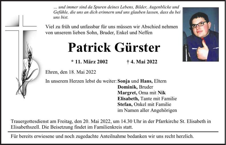 Traueranzeige Patrick Gürster