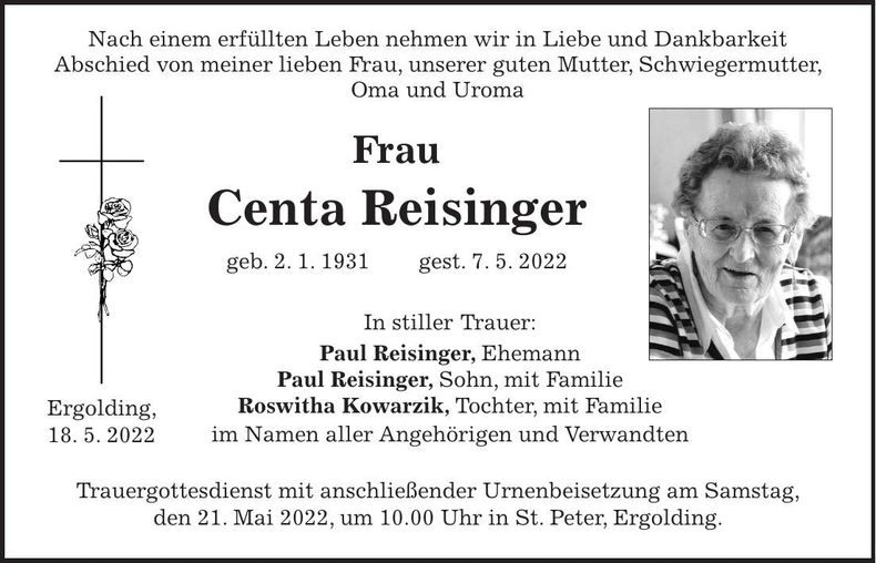Traueranzeige Centa Reisinger