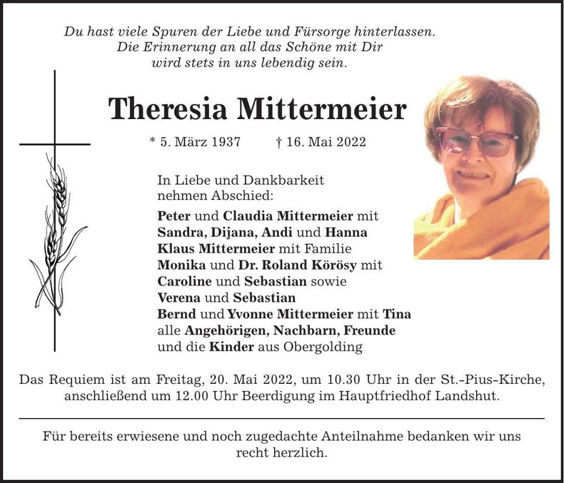 Traueranzeige Theresia Mittermeier