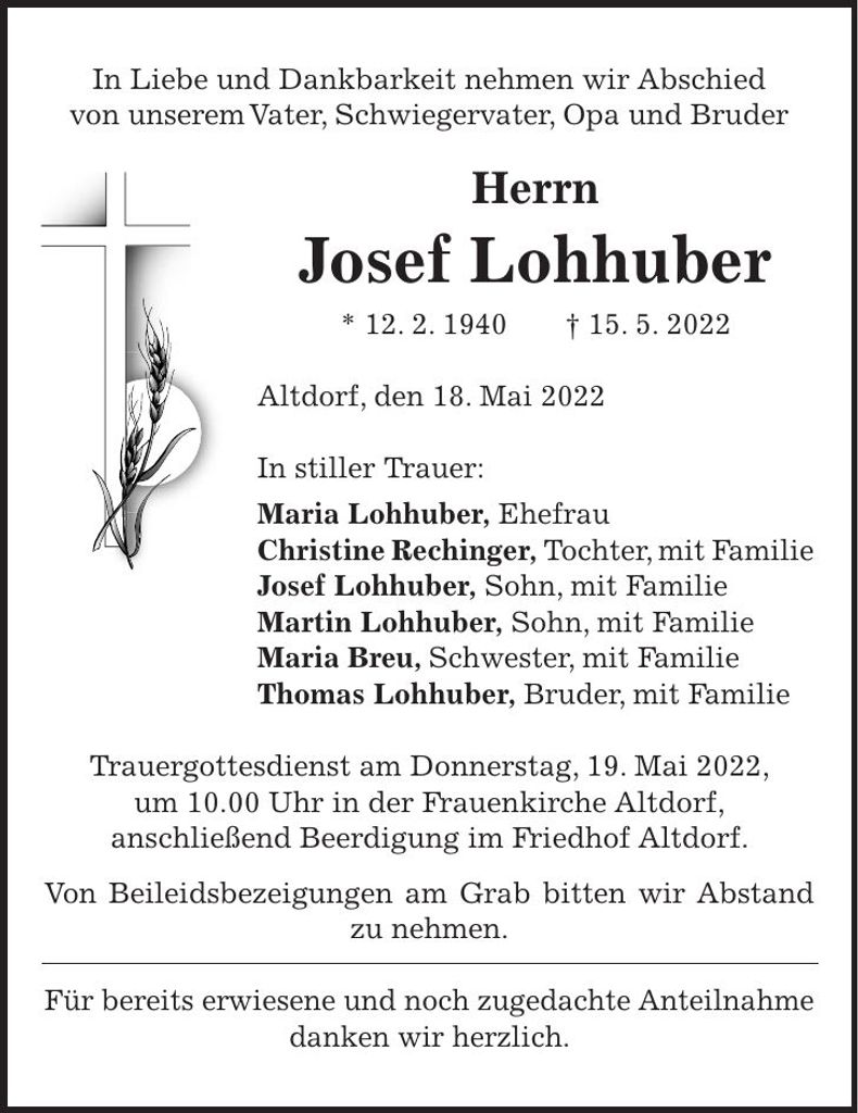 Traueranzeige Josef Lohhuber