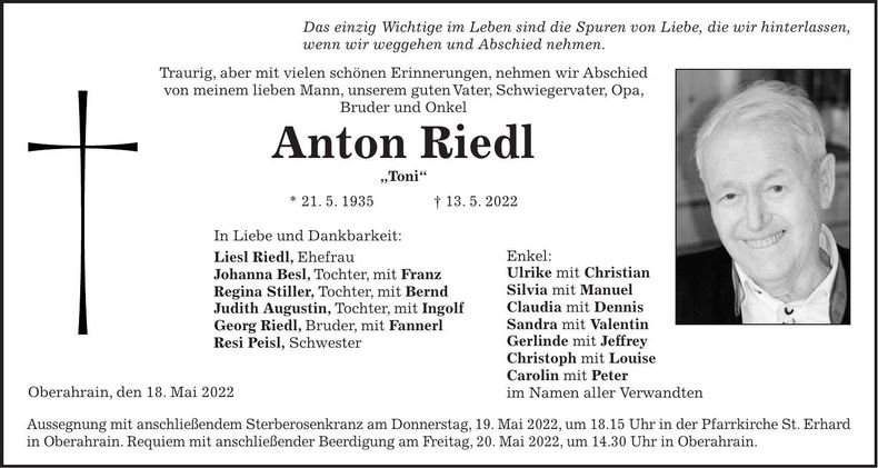 Traueranzeige Anton Riedl