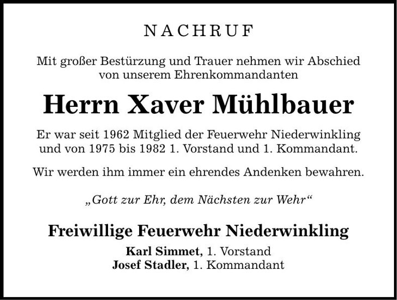 Traueranzeige Xaver Mühlbauer