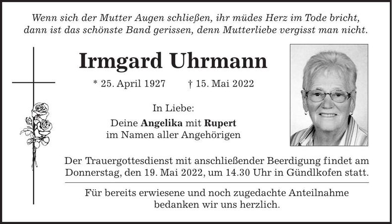 Traueranzeige Irmgard Uhrmann