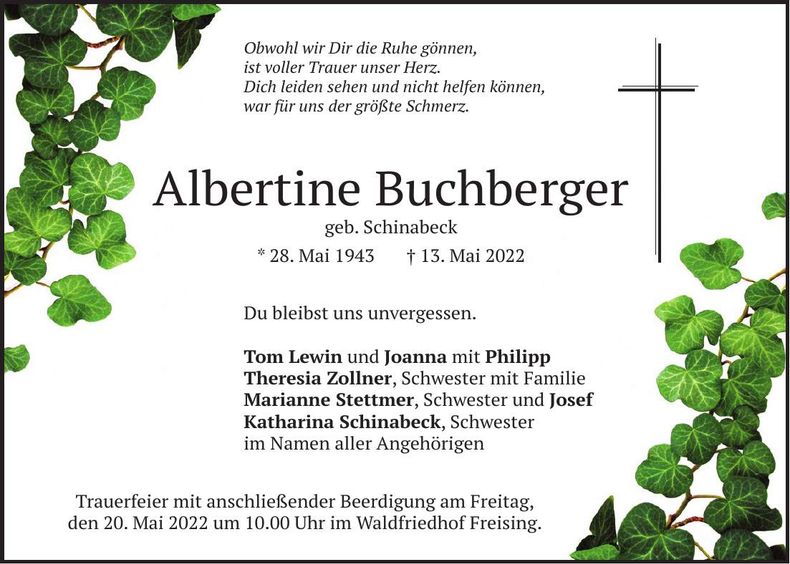 Traueranzeige Albertine Buchberger