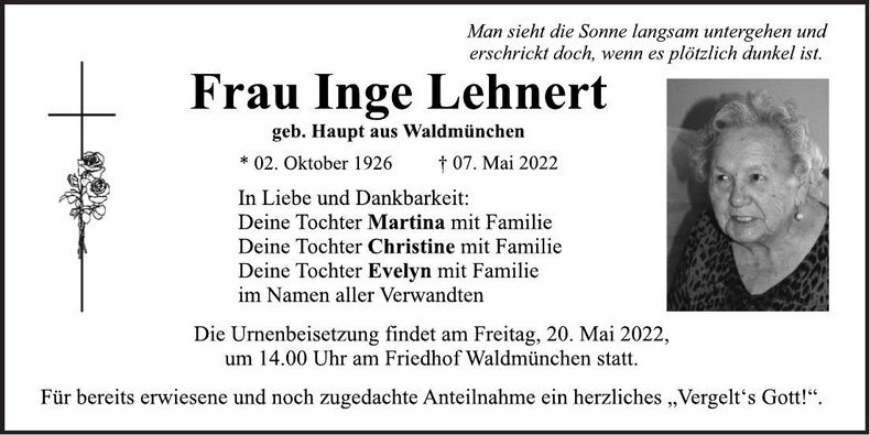 Traueranzeige Inge Lehnert