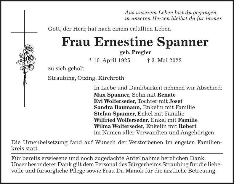 Traueranzeige Ernestine Spanner
