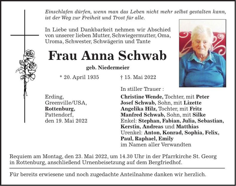 Traueranzeige Anna Schwab