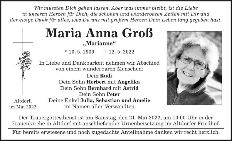 Traueranzeige Maria Anna Groß