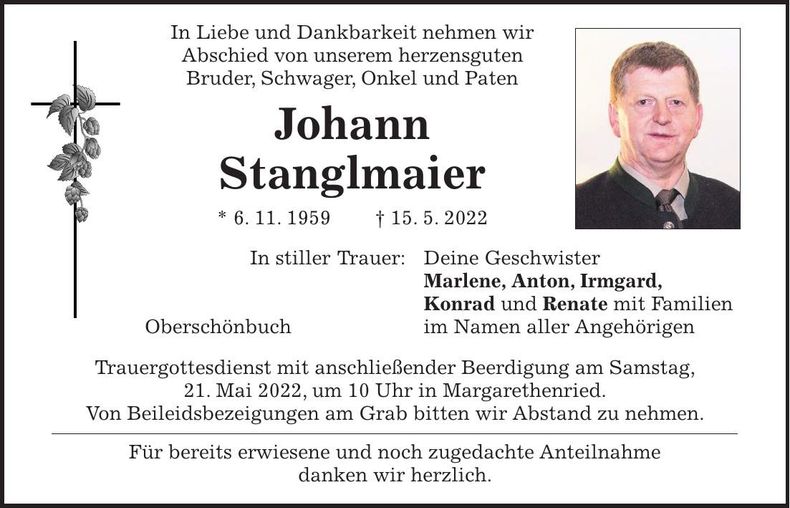 Traueranzeige Johann Stamglmaier