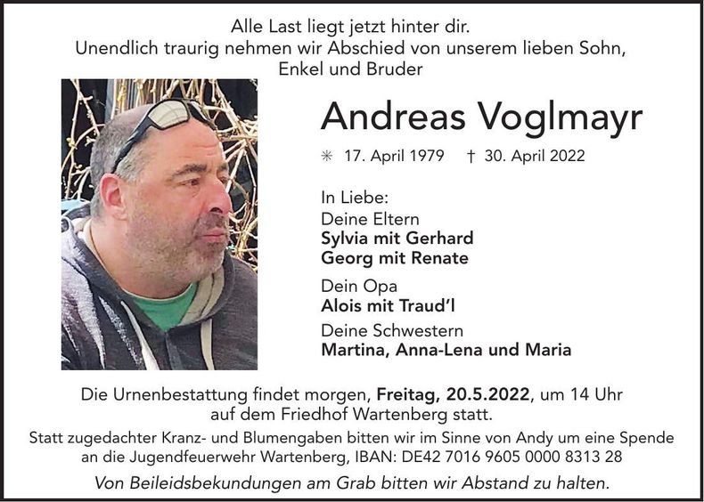 Traueranzeige Andreas Voglmayr