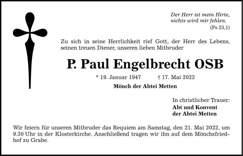 Traueranzeige P.Paul Engelbrecht OSB