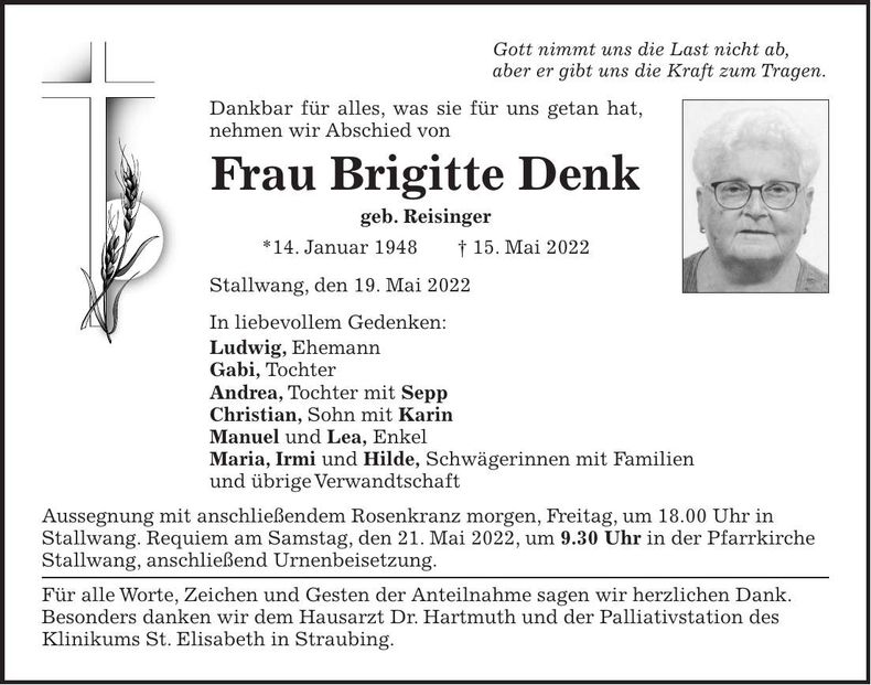 Traueranzeige Brigitte Denk