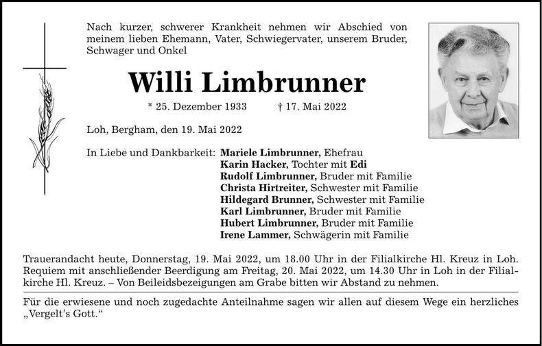 Traueranzeige Willi Limbrunner