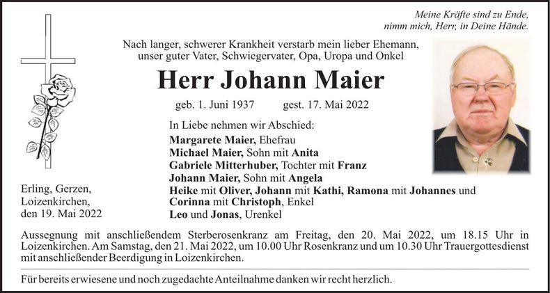 Traueranzeige Johann Maier