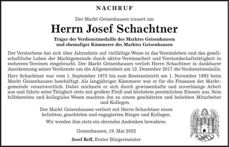 Traueranzeige Josef Schachtner