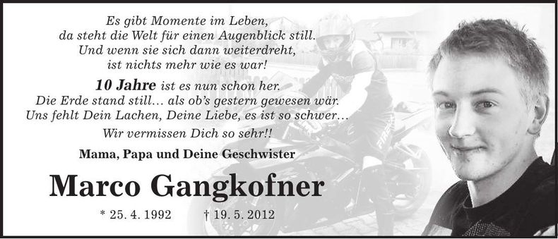 Traueranzeige Marco Gangkofer