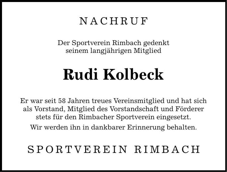 Traueranzeige Rudi Kolbeck