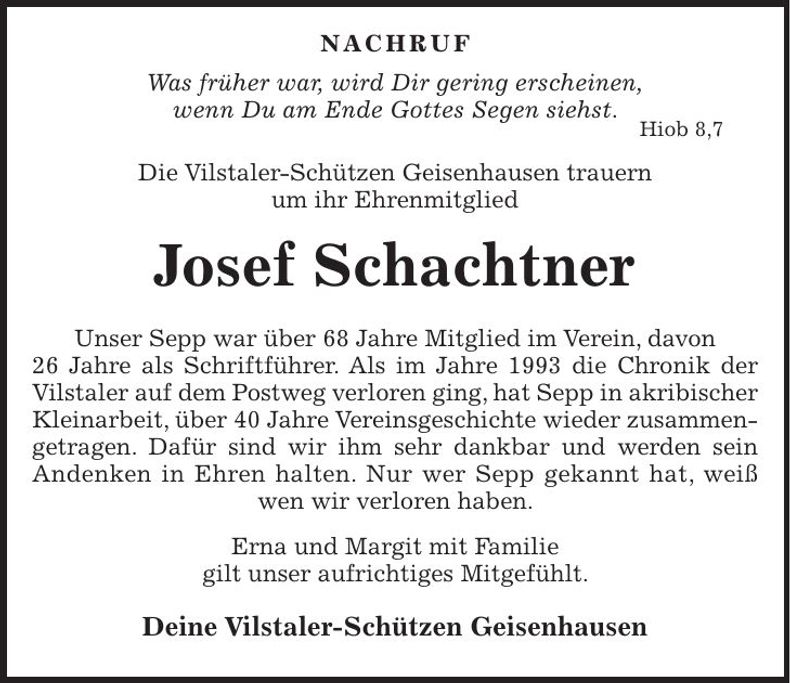 Traueranzeige Josef Schachtner