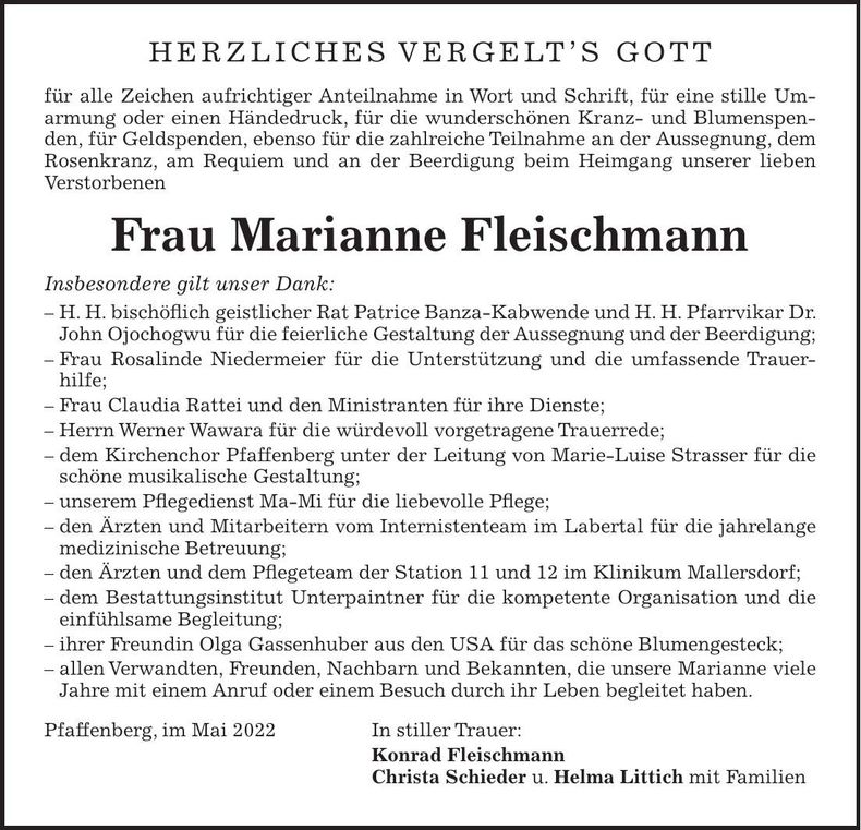 Traueranzeige Marianne Fleischmann