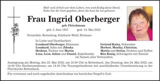 Traueranzeige Ingrid Oberberger