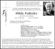 Traueranzeige Hilde Fußeder