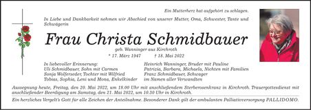 Traueranzeige Christa Schmidbauer